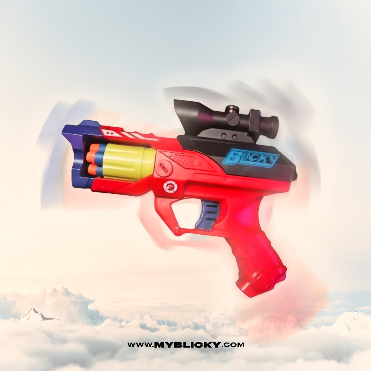 Blicky toy in Read & Blue with 12 foam bullets